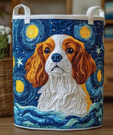 Starry Spaniel Quilted Cotton Laundry Hamper — Foldable Decorative Storage Basket With Reinforced Handles For Playrooms & Bedrooms