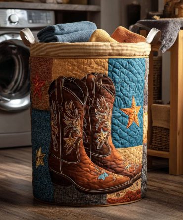 Starry Boots Quilted Laundry Hamper – Cowboy Boot Pattern Fabric Laundry Basket With Handles, Foldable Western Home Organizer
