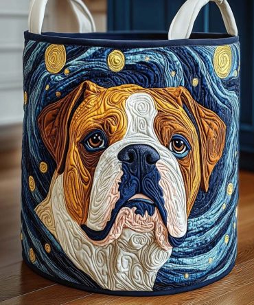 Starry Bulldog Glow Quilted Hamper — Night Sky Pattern Collapsible Laundry Basket, Durable Washable Fabric Organizer With Handles