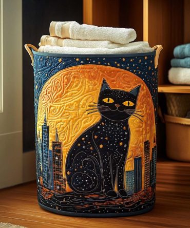 Starry Cat Quilted Laundry Hamper — Celestial Cat-Print Foldable Basket With Quilted Padding And Sturdy Handles For Stylish Organization