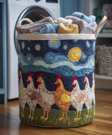 Starry Hen Quilted Laundry Hamper — Decorative Collapsible Fabric Basket With Reinforced Handles, Washable & Lightweight Storage Solution