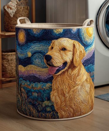 Starry Golden Retriever Quilted Hamper – Cute Dog Print Laundry Basket, Soft Padded Fabric, Foldable & Easy-Clean With Carry Handles