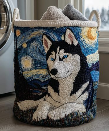 Starry Husky Quilted Laundry Hamper – Star Print Husky Design Foldable Laundry Basket, Durable Decorative Storage Bin