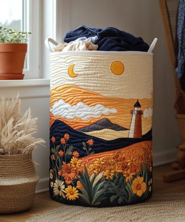 Starry Lighthouse Quilted Laundry Hamper — Durable Coastal-Themed Foldable Laundry Basket With Handles For Home Organization
