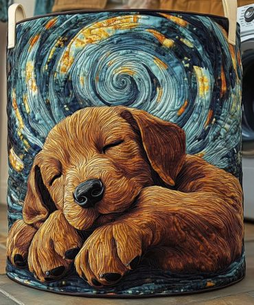 Starry Night Quilted Laundry Hamper With Labrador Motif — Large Collapsible Fabric Basket With Handles For Home
