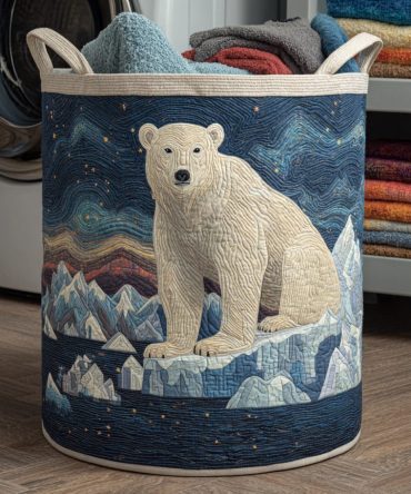 Starry Polar Bear Quilted Laundry Hamper - Cozy Winter-Themed Foldable Fabric Basket, Durable Cotton Liner For Seasonal Storage
