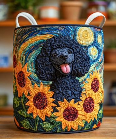 Starry Poodle Garden Quilted Laundry Hamper — Decorative Foldable Fabric Basket With Handles For Charming Bedroom Or Nursery Storage