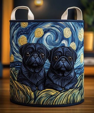 Starry Pug Duo Quilted Hamper — Dual Pug Pattern Collapsible Laundry Basket, Durable Machine-Washable Fabric Organizer With Handles