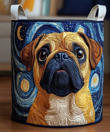 Starry Pug Glow Quilted Laundry Hamper — Night Sky Pug Print Foldable Laundry Basket, Quilted Comfort, Sturdy & Gift-Ready