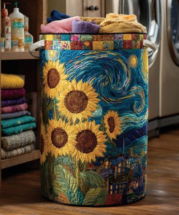 Starry Sunflower Quilted Laundry Hamper — Bright Botanical And Celestial Patterned Foldable Fabric Basket With Reinforced Base, Easy-Carry Handles And Cheerful Style