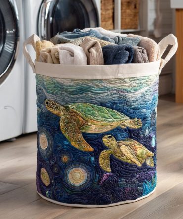 Starry Turtle Duo Quilted Laundry Hamper – Double-Sided Turtle Print Foldable Laundry Basket With Handles, Stylish Organizing Bin For Home & Kids