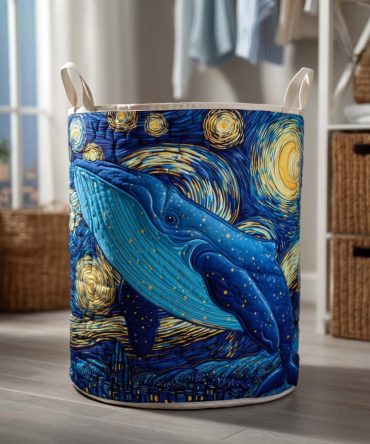 Starry Whale Quilted Laundry Hamper — Decorative Fabric Laundry Basket For Kids Rooms, Nursery & Coastal Home Storage