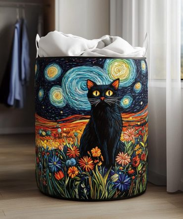 Playful Quilted Kids' Laundry Hamper - Starry Whiskers Design , Collapsible Children'S Laundry Basket With Cute Print And Comfortable Handles