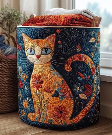 Starry Whiskers Quilted Laundry Hamper – Night Sky Cat Print Foldable Fabric Basket With Handles For Stylish Storage