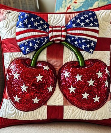 Stars & Cherries Quilted Decorative Pillow Cover — Vintage-Inspired Patriotic Floral Throw Pillowcase, Soft Textured Cotton-Blend For Living Rooms