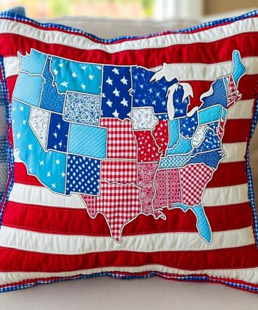 Stars & States Quilted Accent Pillow Cover — Patriotic Map And Star Throw Pillowcase, Premium Quilted Cotton-Blend For Classic Americana Decor