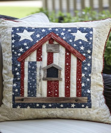 Stars & Stripes Birdhouse Quilted Pillow Cover - Patriotic Americana Patchwork, Durable Cotton Blend, Festive Home Accent