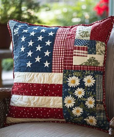 Stars & Stripes Floral Quilted Pillow Cover — Decorative Patriotic Throw Pillowcase For Living Room, Porch & Holiday Entertaining