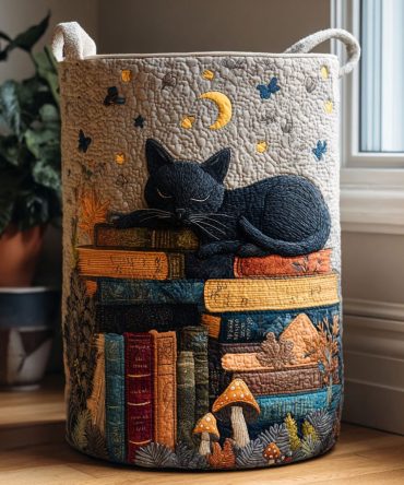 Storytime Cat Dreams Quilted Cotton Laundry Hamper – Playful Collapsible Fabric Basket With Handles, Cute Storage For Kids’ Rooms & Nurseries
