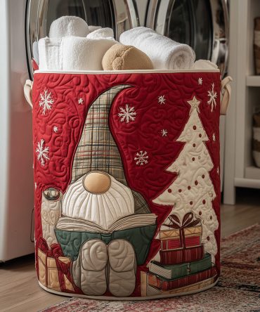 Storytime Gnome Quilted Laundry Basket – Cozy Gnome Story Print Fabric Hamper, Collapsible Durable Laundry Storage For Kids & Home