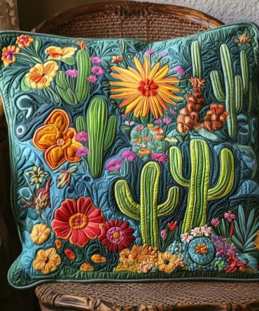 Succulent Bliss Quilted Pillow Cover — Modern Botanical Quilted Throw Pillowcase For Living Room, Textured Greenery Accent