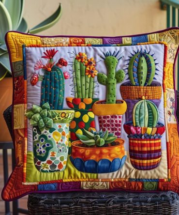 Succulent Symphony Quilted Pillow Cover — Modern Succulent Throw Pillowcase, Quilted Botanical Home Decor Accent