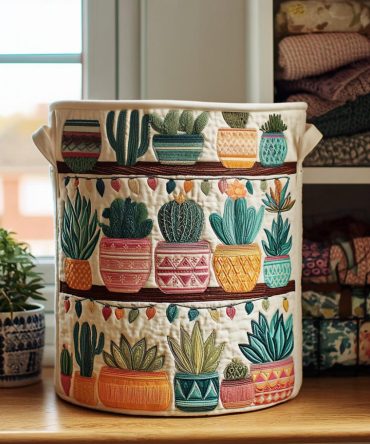 Succulent Dreams Quilted Laundry Hamper — Green Botanical Fabric Basket With Sturdy Handles, Collapsible Decorative Storage For Modern Homes