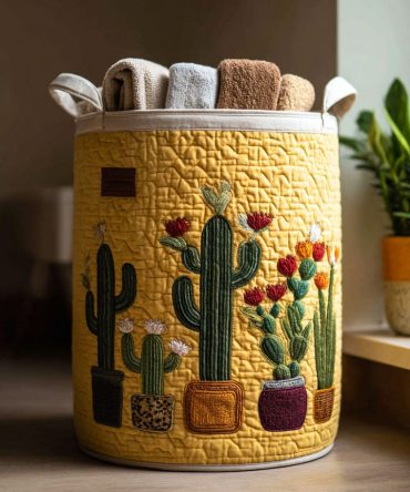 Succulent Sunset Quilted Laundry Hamper - Sunset Cactus Print Fabric Basket, Foldable Home Storage For Bedroom & Entryway