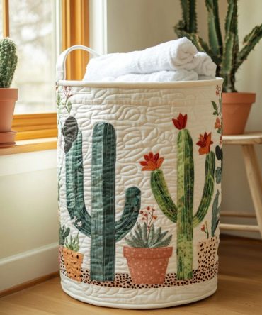 Succulent Symphony Quilted Laundry Hamper - Botanical Fabric Laundry Basket, Collapsible Decorative Storage For Living Room & Patio