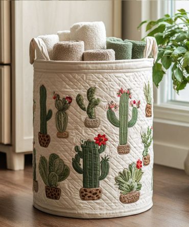 Succulent Vibes Quilted Storage Hamper — Modern Botanical Laundry Basket With Collapsible Frame For Stylish Home & Apartment Organization