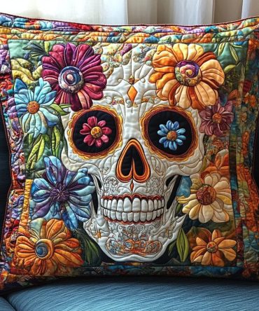 Sugar Skull Delight Quilted Throw Pillow Cover — Colorful Calavera Accent For Sofa & Bed, Durable Textured Cushion Case