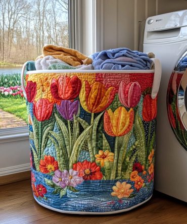 Bright Quilted Laundry Hamper — Summer Blossom Print, Foldable Fabric Storage With Reinforced Handles & Breathable Lining