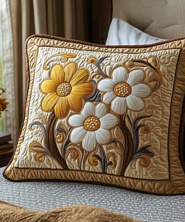 Summer Daisy Quilted Throw Pillow Cover — Bright Floral Accent For Sofa & Bed , Lightweight Quilting, Washable & Ready To Gift