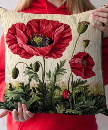 Summer Poppy Field Quilted Pillow Cover — Bright Floral Poppy Motif Decorative Throw Cushion Case For Cheerful, Seasonal Home Decor
