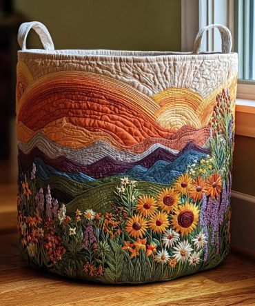 Summer Ridge Quilted Laundry Hamper - Large Collapsible Fabric Basket With Bright Scenic Print, Sturdy Handles, Washable Storage