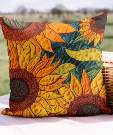 Sunflower Golden Bloom Quilted Pillow Cover — Bright Botanical Throw Pillowcase, Vibrant Floral Home Accent