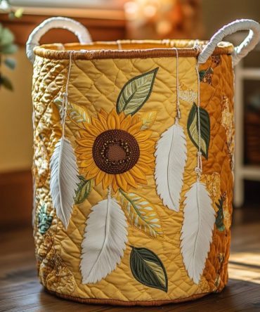 Sun Feather Quilted Laundry Hamper — Boho Feather Print Fabric Laundry Bin, Lightweight, Collapsible & Washable