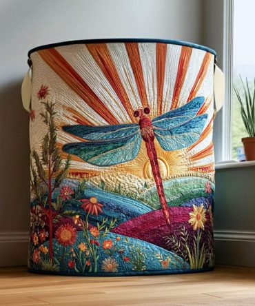 Sunburst Dragonfly Quilted Laundry Hamper – Durable Collapsible Fabric Basket With Handles, Machine-Washable Liner & Decorative Dragonfly Print