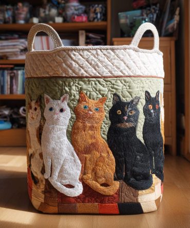 Sunday Nap Club Quilted Laundry Hamper — Cozy Cat Lounge Fabric Storage Basket, Collapsible Laundry Organizer With Handles