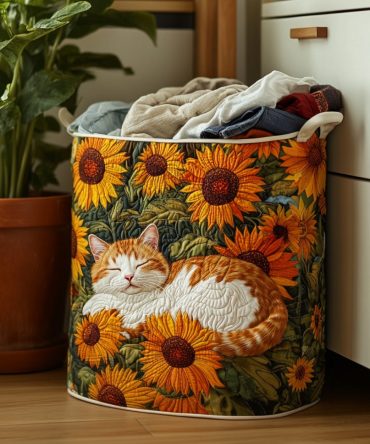 Sunflower Cat Quilted Hamper - Cute Collapsible Animal Print Laundry Basket & Fabric Storage Bin With Handles