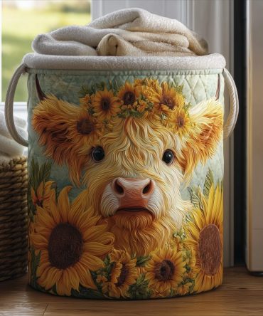 Sunflower Cow Quilted Fabric Laundry Hamper — Whimsical Farmhouse Foldable Laundry Basket With Handles, Cute Sunflower & Cow Print Storage