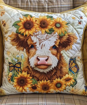 Sunflower Cow Quilted Pillow Cover — Bright Farmhouse Accent Throw Pillowcase With Floral & Animal Motifs, Cotton Blend