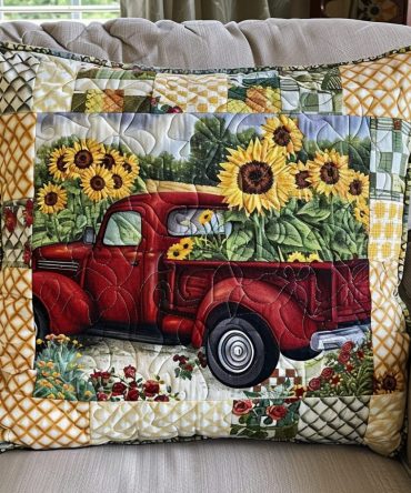 Sunflower Harvest Red Truck Quilted Pillowcover - Rustic Farmhouse Accent With Vintage Truck & Sunflowers, Soft Quilting For Cozy Homes