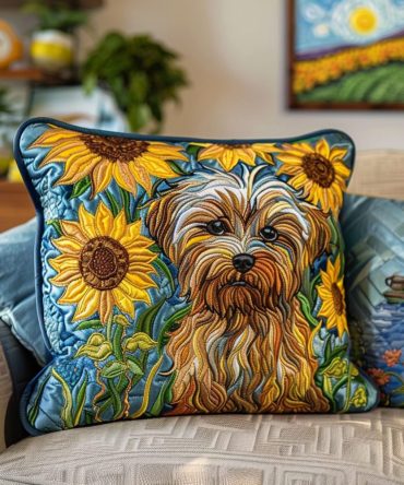 Sunflower Yorkie Quilted Pillow Cover - Bright Floral & Yorkie Decorative Pillowcase For Cheerful Living Room Accents