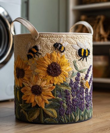 Sunflower Bee Quilted Laundry Hamper — Bright Floral & Bee Print Storage Basket, Collapsible, Durable Handles, Easy-Care