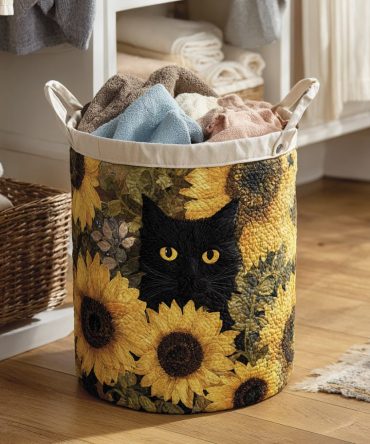 Chic Quilted Laundry Hamper — Sunflower Black Cat Design, Foldable Fabric Storage With Reinforced Handles & Stain-Resistant Lining