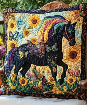 Sunflower Black Horse Quilted Pillowcase — Bold Floral & Equestrian Fusion, Unique Accent Pillow Cover, Soft Cotton, Statement Decor