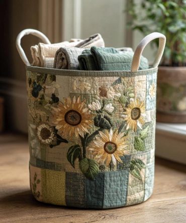 Sunflower Bliss Quilted Laundry Hamper - Bright Floral Fabric Basket, Foldable With Handles, Durable & Machine-Washable