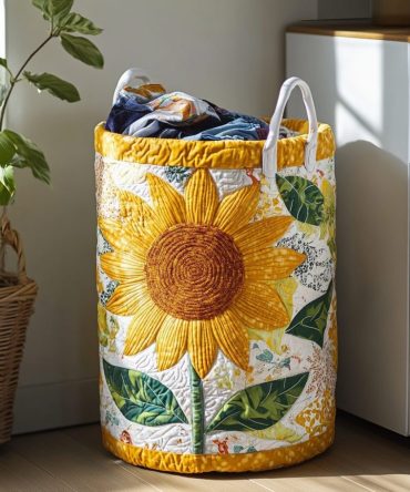 Sunflower Accent Quilted Laundry Hamper — Foldable Decorative Fabric Basket For Bedroom, Nursery & Dorm With Sturdy Handles