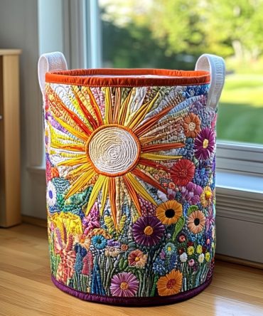 Sunflower Bloom Quilted Laundry Hamper – Bright Yellow Floral Laundry Basket, Foldable Quilted Storage Bin With Sturdy Handles